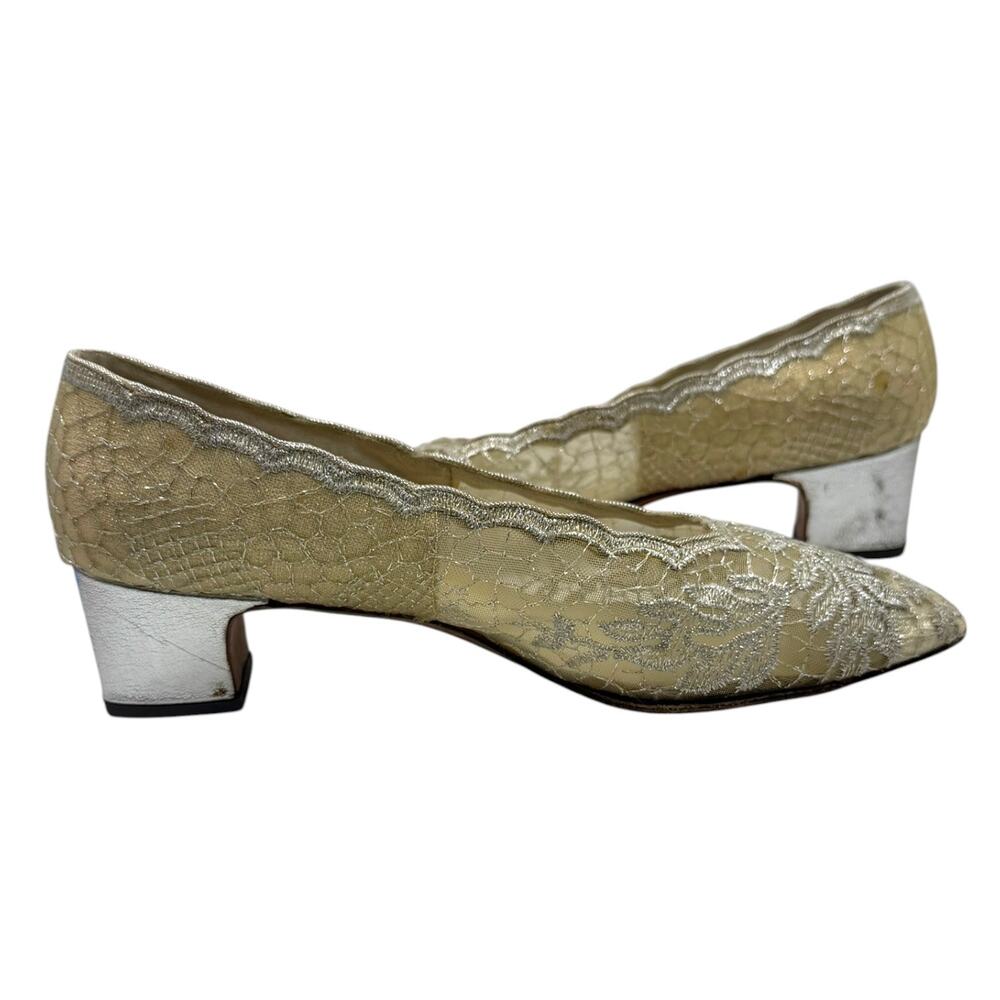 Vtg 80s J Miller Illusion Lace Pumps Silver Metallic Evening Cocktail Shoes 7.5N